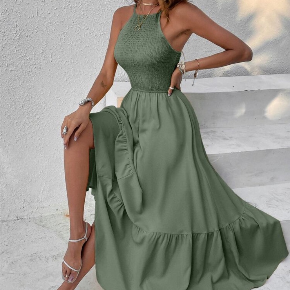 Boho Smocked Bodice Asymmetrical Hem Ruffle Cami Maxi Dress BLUE - Picture 14 of 14